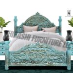 Hand Carved Turquoise Solid Mango Wood Platform Bed Frame