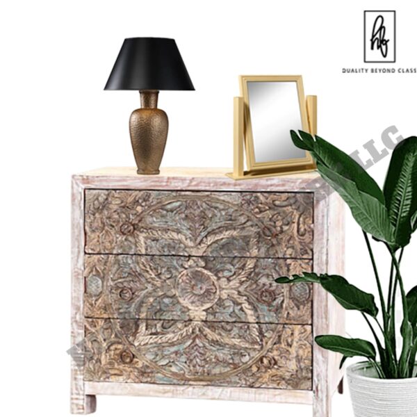 Majestic Floral Hand Carved Mango Wood Small White Dresser with 3 Drawers