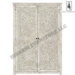 Sunflower Hand carved Solid Wood Large White Wardrobe Armoire