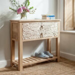 Floral Accent Hand Carved Solid Wood 2 Drawers Hall Side Table