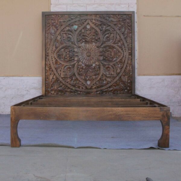 Riffa Hand Carved Indian Solid Wood Panel Bed Frame Queen/King