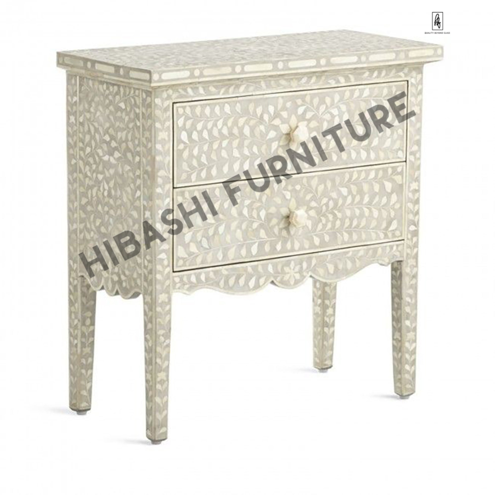 Santana Bone inlay White Floral 2 Drawer Bedside Lamp Table - Image 3