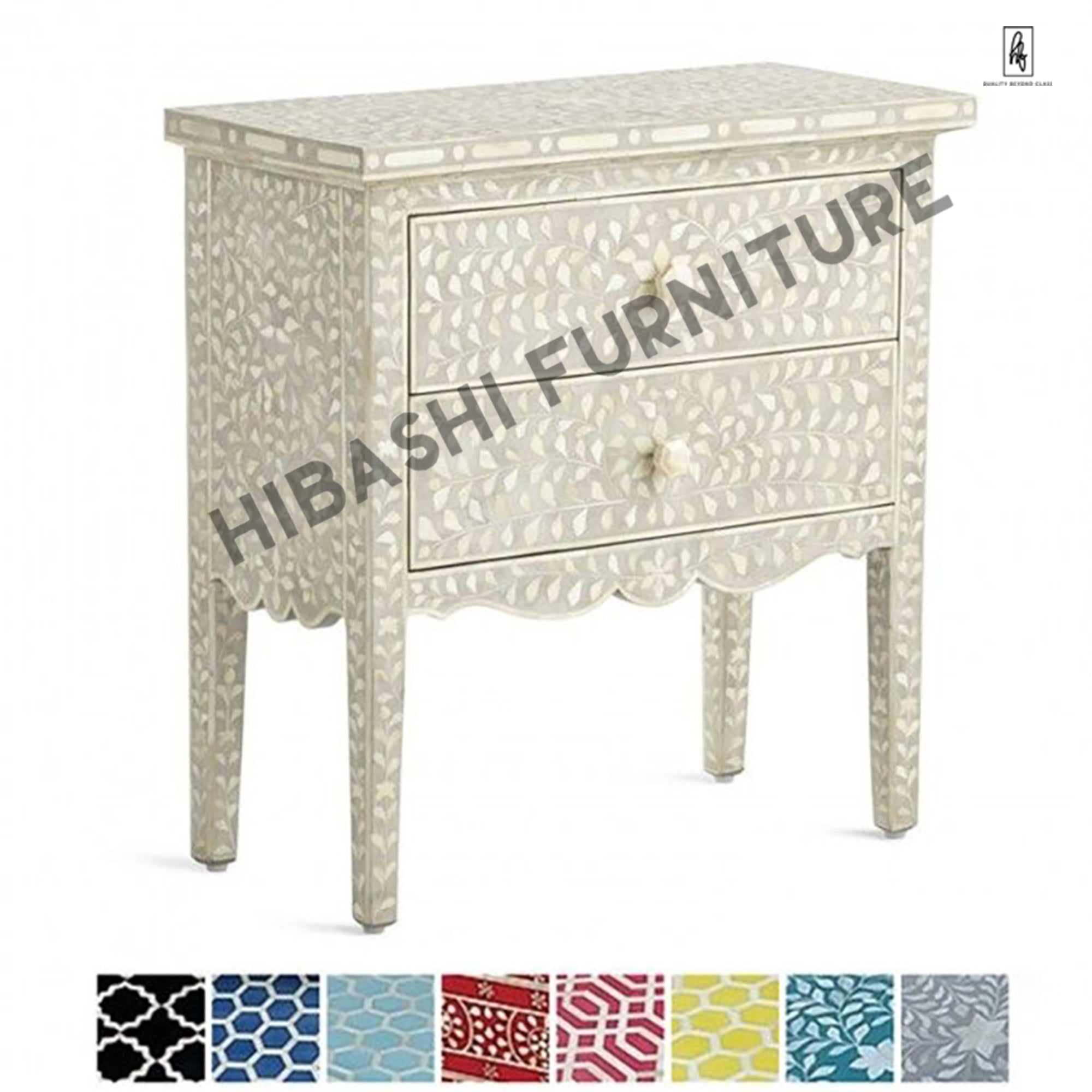Santana Bone inlay White Floral 2 Drawer Bedside Lamp Table - Image 2
