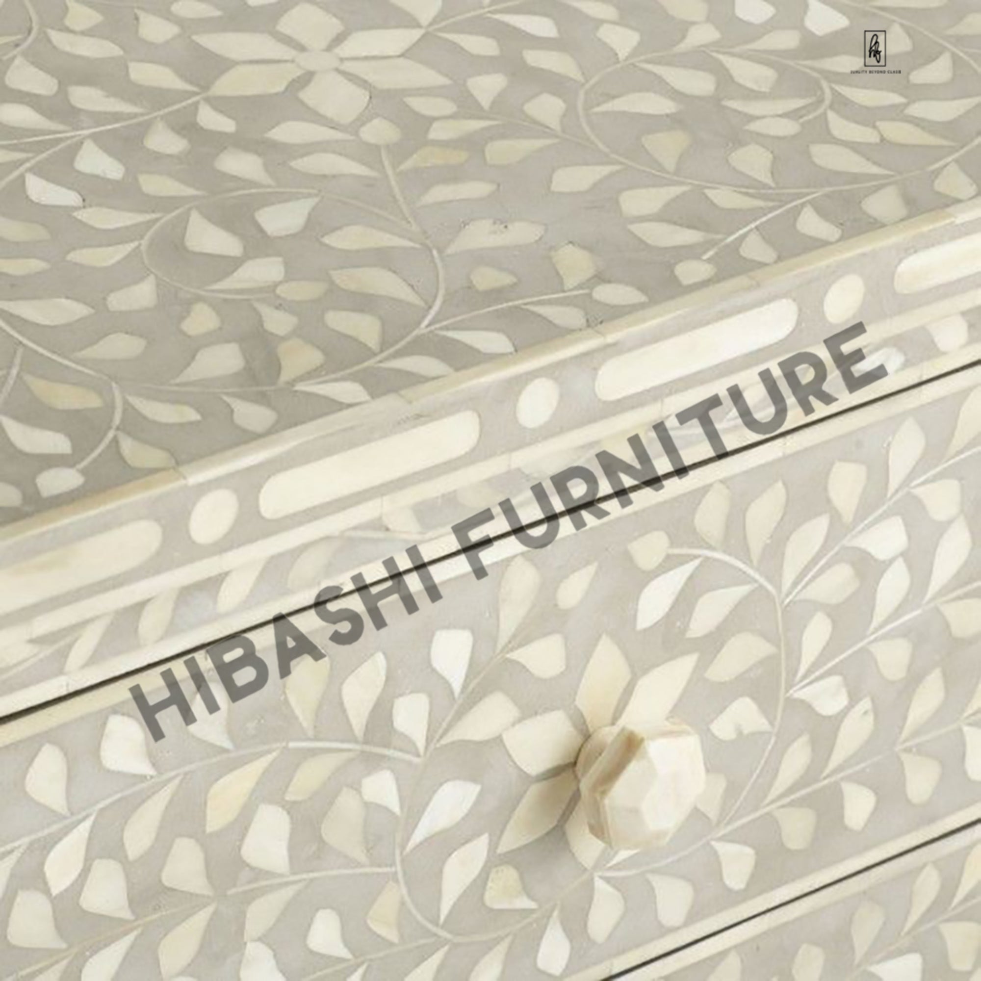 Santana Bone inlay White Floral 2 Drawer Bedside Lamp Table - Image 4