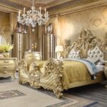 REYNA Metallic Antique Gold & Faux Leather King/Queen Traditional Bed
