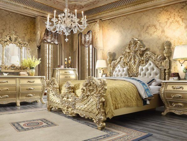 REYNA Metallic Antique Gold & Faux Leather King/Queen Traditional Bed