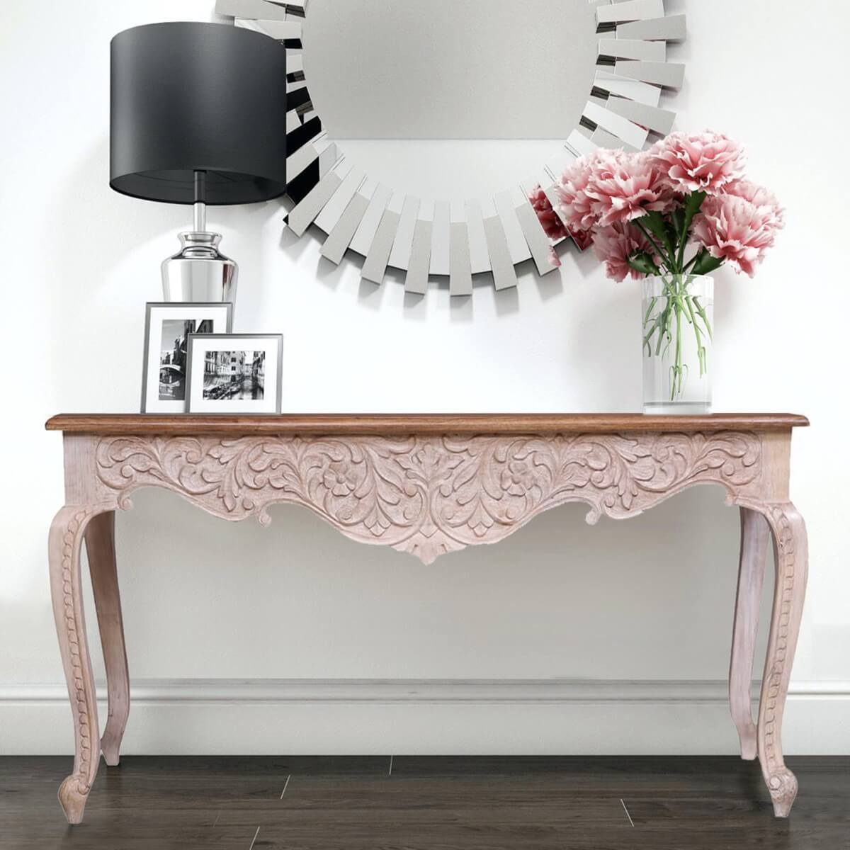 French Reclaimed Wood Hand Carved Floral Hall Table