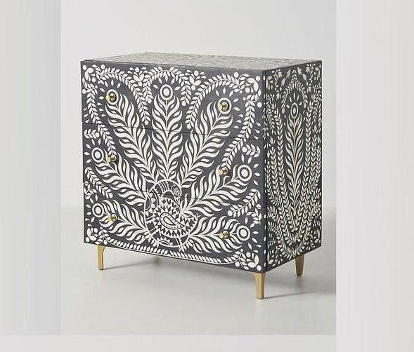 Hamad Peacock Design Bone Inlay Three Drawer Dresser Black