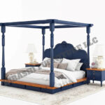RECTO Two Tone Solid Wood Hand Carved Headboard Platform Canopy Bed