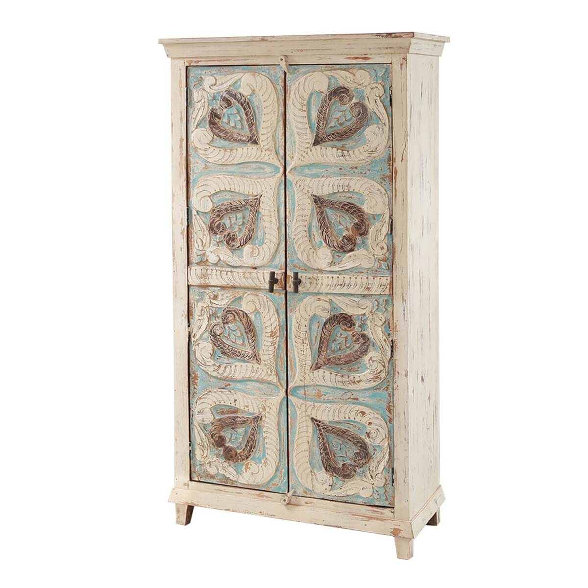 Mimosa Distressed White Hand-carved Solid Wood Vintage Armoire - Image 2