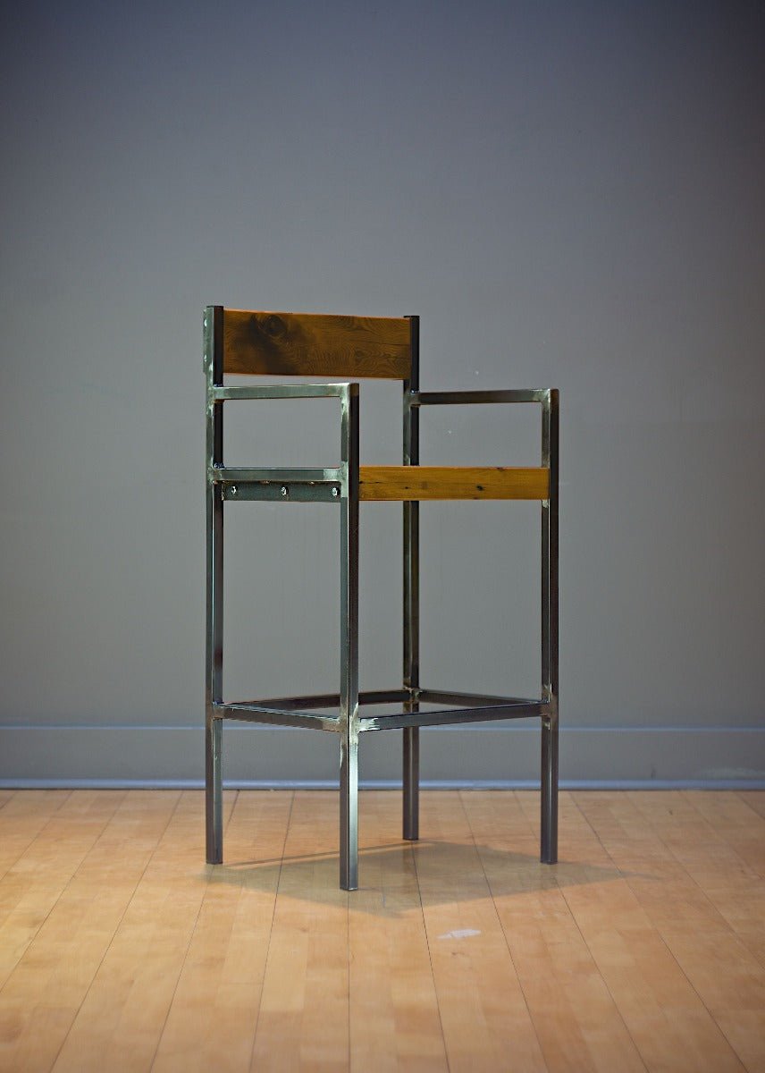 Aklan Industrial Counter Stool / Bar Stool W/ Seat Back And Arms – handcrafted solid wood furniture