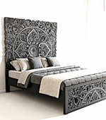 Amani Hand Carved Indian Solid wooden bed frame White by Hibashi Furniture – handcrafted solid wood furniture made in India