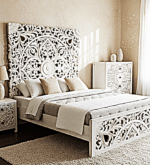 Amani Hand Carved Indian Solid wooden bed frame White – handcrafted solid wood furniture